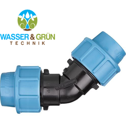 Winkel 45° PE-Kupplung aus Kunststoff PN16 DVGW Hersteller: Unidelta (Winkel 45° PE-Kupplung aus Kunststoff: Speziell Winkel 45° PE-Kupplung aus Kunststoff 20 x 20 mm **45°**)
