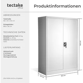 Tectake Büroschrank Stahl 140 x 90 x 40 cm grau abschließbar