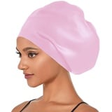 Badekappe für Lange Haare,Silikon Badekappen,Extra Große Badekappe für Lange Haare,Dehnbare und Bequeme Badehaube,Wasserdicht Schwimmkappe für Damen und Herren(Rosa-XL)