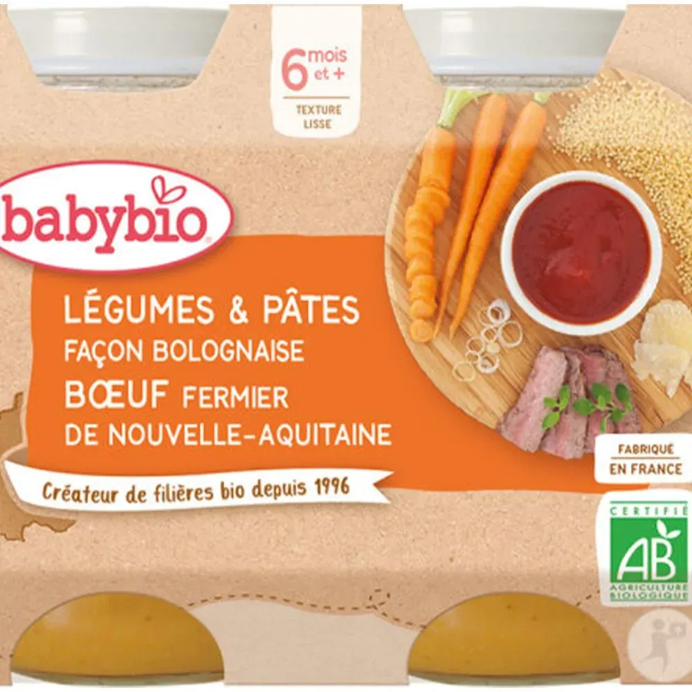 Babybio® Gemüse & Nudeln nach Bolognese-Art Freiland-Rindfleisch aus Neu-Aquitanien