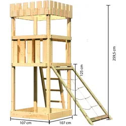 Akubi Kinderspielturm Ritterburg Löwenherz mit Netzrampe naturbelassen