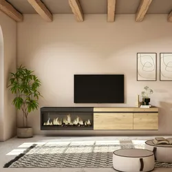 SKRAUT HOME Wohnzimmer TV-Schrank, 237x35x45cm, Großes Format TV, XXL Elektrokamin, hängend, Farbe Eiche und Schwarz - 498_6