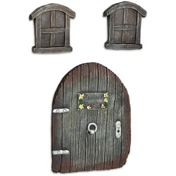 Relaxdays Feentür Garten, 3-teilig, Feenfenster, Baumstamm Deko, wetterfest, Baumdeko zum Aufhängen, Fairy Door, braun