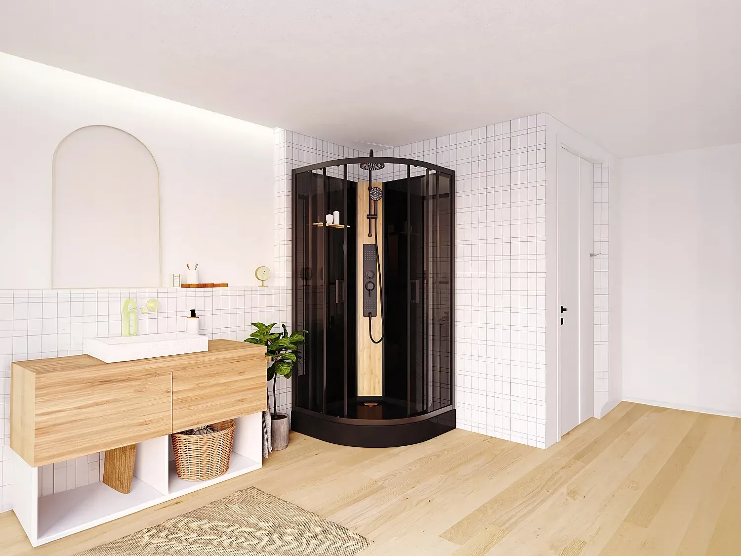 Viertelkreis-Duschkabine mit Hydromassage - Duschpaneel aus Bambus - Schwarz - 90 x 90 x 225 cm - TILOMA