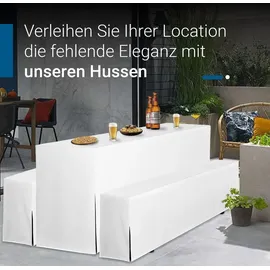 TexDeko Hussen Bierzeltgarnitur Premium blickdicht Biertischhusse 5TLG Set Festzeltgarnituren Bierbankhussen 220x50cm, Weiß)