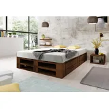 Lermowood Palettenbett M2 aus Holz 200 x 200 cm Palisander mit Lattenrost und 2 Bettkästen Holzbett 30cm Stabiles Seniorenbett Kinderbett Jugendbett Gästebett erhöhtes Bettgestell Futon Komforthöhe