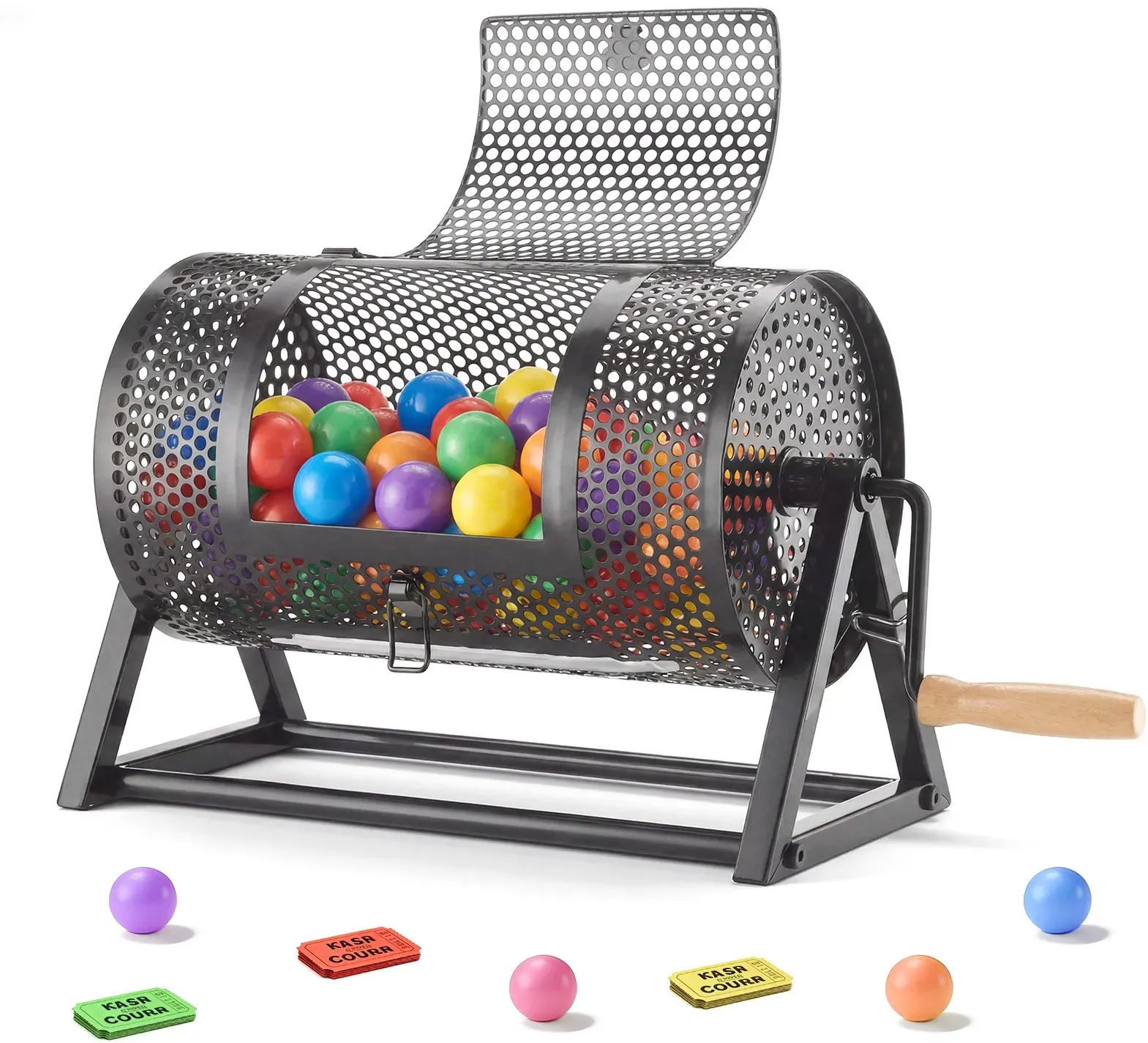 VEVOR Tombola Trommel, 295xØ167mm, Lostrommel mit Fassungsvermögen von 2500 Lose oder 100 Lotteriebälle, Gewinnspieltrommel mit Kurbel & Dreiecksständer, für Veranstaltungen & Feiern, Schwarz