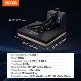 Vevor Wärmepresse 1700 W Leistung, Wärmepresse, schnelles Aufheizen, Hochdruck-Wärmepresse für T-Shirts, digitaler industrieller Sublimationsdr...