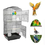 JEOBEST Vogelkäfig Vogelbauer Vogelvoliere Vogelhaus mit 3 Sitzstangen, Käfig, mit Vogelspielzeuge, Futternapf schwarz