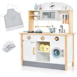 Costway FANTASK Kinderküche aus Holz, Spielküche inkl. 17 Zubehör, Spielzeugküche mit Mikrowelle, Waschmaschine, Waschbecker, Herde & Kochgeschirr, Holzküche für Kinder ab 3 Jahren