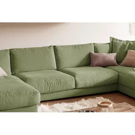 KAWOLA Wohnlandschaft U-Form Madeline Cord Longchair links olivgrün