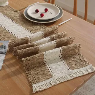 Beige Makramee Tischläufer Outdoor Boho Baumwollflachs Tischdecke mit Quasten, 30x140cm Rechteckige Häkelspitze, für Küche Vintage Bauernhaus böhmische Hochzeit Tabletop Dekor