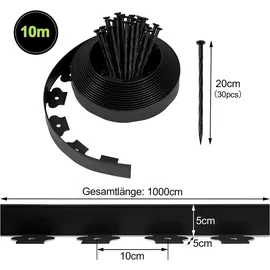 Woltu Flexible Rasenkante Kunststoff mit 30 Erdanker, Garten Beeteinfassung Länge 10 m, Höhe 5 cm, Rasenbegrenzung Wurzelsperre System Schwarz