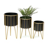 DanDiBo Ambiente DanDiBo Blumenhocker mit Topf Metall Gold Schwarz Rund 3er Set Blumenständer 96039 Blumensäule Modern Pflanzenständer Pflanzenhocker