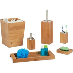 Relaxdays Bad Set, 6-teilig, Bambus, Seifenspender, Seifenhalter, Bürstenhalter, Zahnputzbecher, Ablage, Badeimer, natur