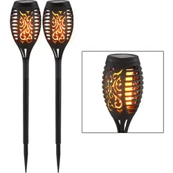 2er Set LED Solar Außen Steck Lampen Feuereffekt Dekor Stanzung Garten Weg Deko Erdspieß Leuchten