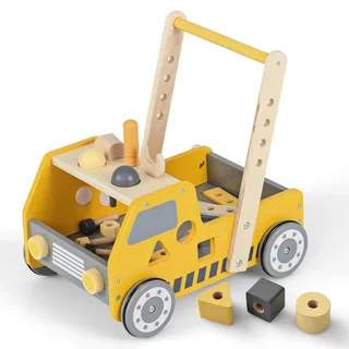 FANTASK Lauflernwagen Holz, 2-in-1 Baby Walker, Lauflernhilfe mit Multi-Aktivitätszentrum & Werkbank, Laufwagen für Kinder ab 1 Jahr Indoor