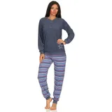 Normann Pyjama Damen Frottee Pyjama lang mit Bündchen Hose gestreift blau 40/42