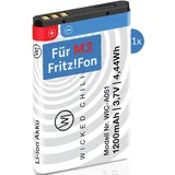 Wicked Chili 1x Akku für AVM Fritz!Fon M3, Ersatzakku mit +20% Kapazität, Ersatzakku für Fritzfon VOIP Telefon, Zubehör für original Fritz Fon Batterie BT239865 Mod. 523450AR1000 (1200mAh Li-Ion)