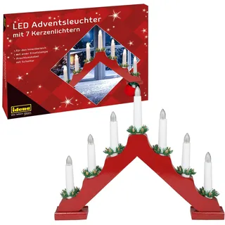 IDENA 31604 - LED Adventsleuchter mit 7 LED Kerzenlichtern in Warmweiß, Schwibbogen aus rot lackiertem Holz, mit Ersatzlampe und Schalter, Deko für Innen, als Winter-, Advents- und Weihnachtsdeko