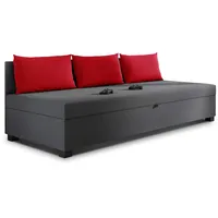 Schlafsofa Misti III - Einzelbett mit Kissen, Sofa mit Bettkasten, Bettsofa, Farbauswahl, Bettgestell, Komfortbett, Bett für Jugendzimmer, Schlafmöbel (Graphit + Rot (Lux 06 + Lux 14))