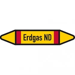Dreifke® Rohrleitungsetikett Erdgas ND, DIN 2403, gelb/schwarz/rot, für Ø15-25mm, 96x17mm, 8/Bogen