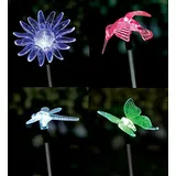 Innocom 4er Set LED Solar Gartenstecker - Solarstecker mit Farbwechsel (Schmetterling, Libelle, Blume, Kolibri) Solarleuchte Dekoleuchte Solar-Figur