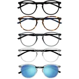 OPULIZE Met 5er-Pack Lesebrille Mit Sonne Leser Runden Schwarz Braun Grau Klar Herren Damen RRRRS60-127CC +1,00