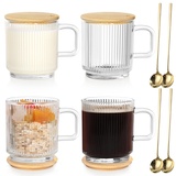 Anhow 4er Cappuccino Tassen, 350ml Latte Macchiato Gläser mit Deckel und Löffel Gläser Geriffelt Espresso Tassen Set Kaffeegläser für Latte/Cappuccino/Getränke/Tee/Kaffee