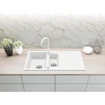 faizee home Granitspüle 2 Becken rechts Einbauspüle weiß Handbetätigung 1000 x 500 mm