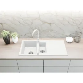 faizee home Granitspüle 2 Becken rechts Einbauspüle weiß Handbetätigung 1000 x 500 mm