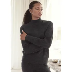 Strickpullover LASCANA, Damen, Gr. 40/42, grau (anthrazit), Strick, Obermaterial: 52% Polyester, 44% Polyacryl, 4% Elasthan, unifarben, meliert, klassisch, bequem hüftlang, Langarm Rippbündchen, Pullover, mit Stehkragen und Rippbündchen, Loungewear
