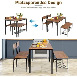 Costway Esstisch Set 4 Stück, Küchentisch mit 2 Stühlen & 1 Bank & Regal, Industrie, Esszimmer Tisch