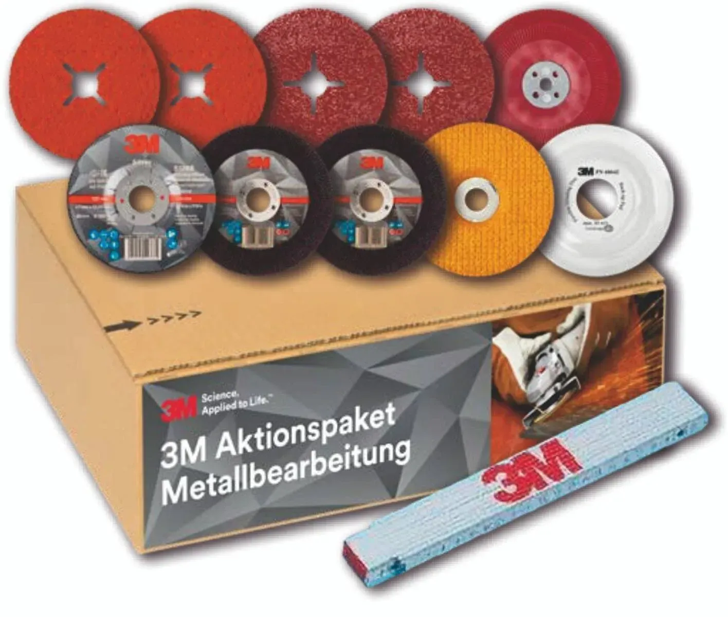 3M Aktionspaket: 2x Fiberscheibe 987C 125mm, 36+, 2x Fiberscheibe 782C 125mm, 36+, 1x Stützteller Fiberscheiben hart/gerippt, 1x Silver Schruppscheibe 125mmx7mm, 2x Silver Trennscheibe 125mmx1mm, 1x Flex Grind Schruppscheibe 125mm, 36+, 1xStützteller