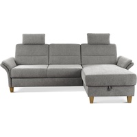 CAVADORE Ecksofa Wyk mit Federkern / Schlafsofa im Landhaus-Stil mit Longchair, Bett, Bettkasten, Armteilfunktion + 2 Kopfstützen / 252 x 90 x 162 / Chenille, Hellgrau