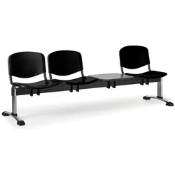 Kunststoff-Wartezimmerbank, Traversenbank ISO, 3-sitzig + Tisch, schwarz, verchromte Füße