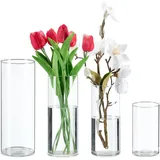 Relaxdays Vasen aus Glas, 4 Blumenvasen in versch. Größen, Glasvasen für Blumen & Kerzen, Tischvasen Set, transparent