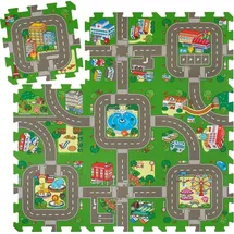 Tectake tectake® Puzzlematte Mycity 9-teilig, mit Stadt- und Straßenmotiv 90,5 x 90,5 cm Bunt