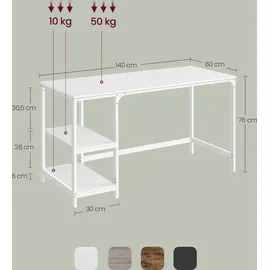 VASAGLE Schreibtisch mit 2 Regale Computertisch 140 x 75 x 60 cm Arbeitstisch weiß - Weiß