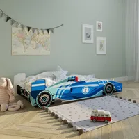 Kids Collective Autobett Kinderbett Jugendbett 80x160 mit Rausfallschutz & Matratze | Kinder Spielbett Sportauto Sportwagen Rennwagen in blau