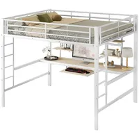 Hochbett(140*200cm,Weiß)Bettgestell Metallbett,Eisenbett,Hochbett mit Schreibtisch und zwei Bücherregalen für Kinder,Jugendliche und Erwachsene - Weiß