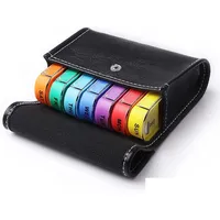 1x EWANTO Tablettenbox Pillendose Medikamentenbox in schwarzem veganem Leder Etui 7 Tage 28 Fächer 7 entnehmbare Tagesboxen mehrfarbig pill box Tabletten Dose Tabletten Dispenser