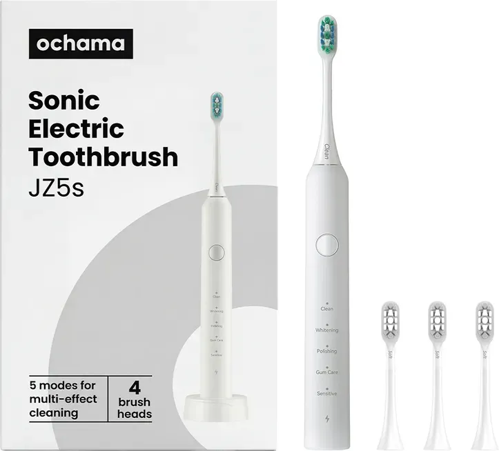 ochama elektrische Zahnbürste - Enthält 4 Bürstenköpfe und Ladegerät, leise Betriebsweise, lange Akkulaufzeit, Weiß