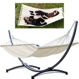 Potenza Outdoor Hängematte mit Gestell für 2 Personen I Stabhängematte XXL 220x160, 200kg I Hängemattengestell 220kg Wetterfest (Ecru, Basic Gestell Graphit)