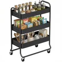 Homcom Küchenwagen Rollwagen mit 3 Ebenen Servierwagen mit Körbe Griff, Küchenregal mit Rollen, Bremsen Aufbewahrungswagen aus Metall 34x87x64.5 cm, Esszimmer,