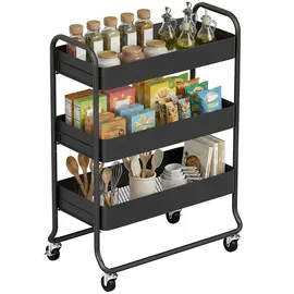 Homcom Küchenwagen Rollwagen mit 3 Ebenen Servierwagen mit Körbe Griff, Küchenregal mit Rollen, Bremsen Aufbewahrungswagen aus Metall 34x87x64.5 cm, Esszimmer,