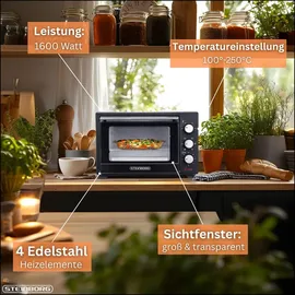 Steinborg Minibackofen 25 Liter | Pizzaofen | 3 in 1 Backofen | Backofen mit Umluft Schwarz