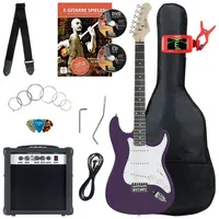 Rocktile ST-Pack Komplettset E-Gitarre Purple (Verstärker, Stimmgerät, Tremolo, Tasche, Kabel, Gurt, Plecs, Ersatzsaiten und Schule mit CD/DVD)