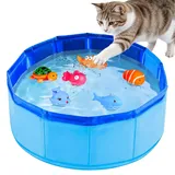 EKKONG Katzenpool mit Fischen, 30x10cm Faltbarer Katzen Pool mit 6 Spielzeug Tierchen, Katzenplanschbecken, Wasser Pool für Katze, Tragbares Katze Hundepool, Mini Pool für Katzen Hunde Spielen Sommer