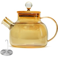 Belle Vous Schlichte Teekanne Glas mit Siebeinsatz & Bambusdeckel - Borosilikatglas Teekanne 1 Liter mit Herausnehmbarem Teesieb - Herdsichere Teekanne für Losen Tee & Früchtetee
